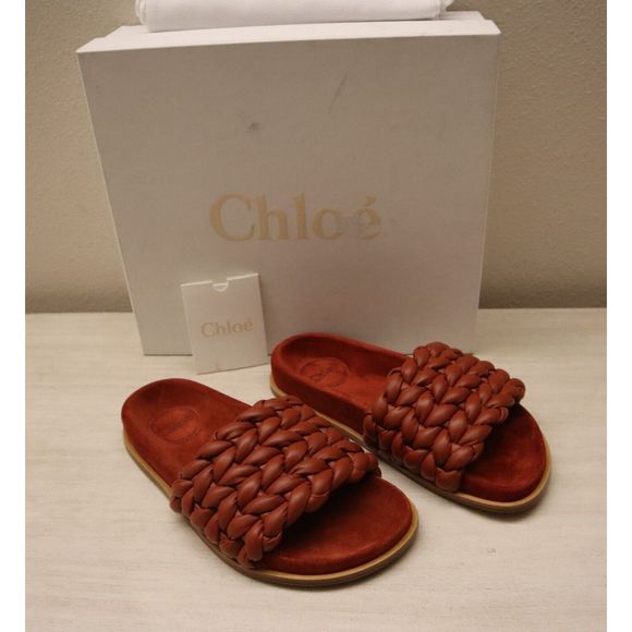 Chloé Womens Sz 37W US 7 Terracotta Red Kacey Braided Leather Slide Sandals - Picture 2 of 11
